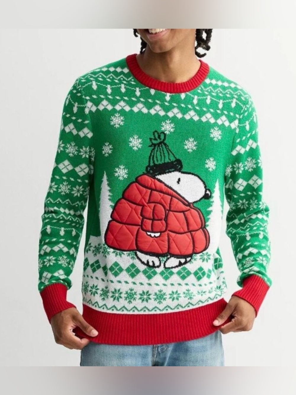 Peanuts sweater with Snoopy wearing puffer coat, unisex size Large